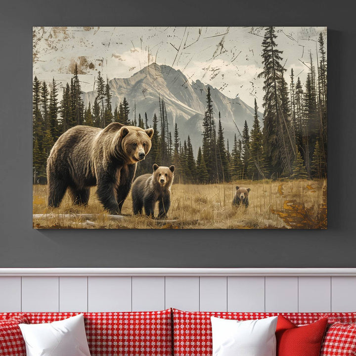 Displaying the Rustic Grizzly 399 Bear Family Wall Art Canvas Print in a modern living space adds remarkable charm. This triptych piece showcases a bear family in the forest, printed on museum-quality canvas and ready to hang, seamlessly enhancing your decor with its striking detail and elegance.