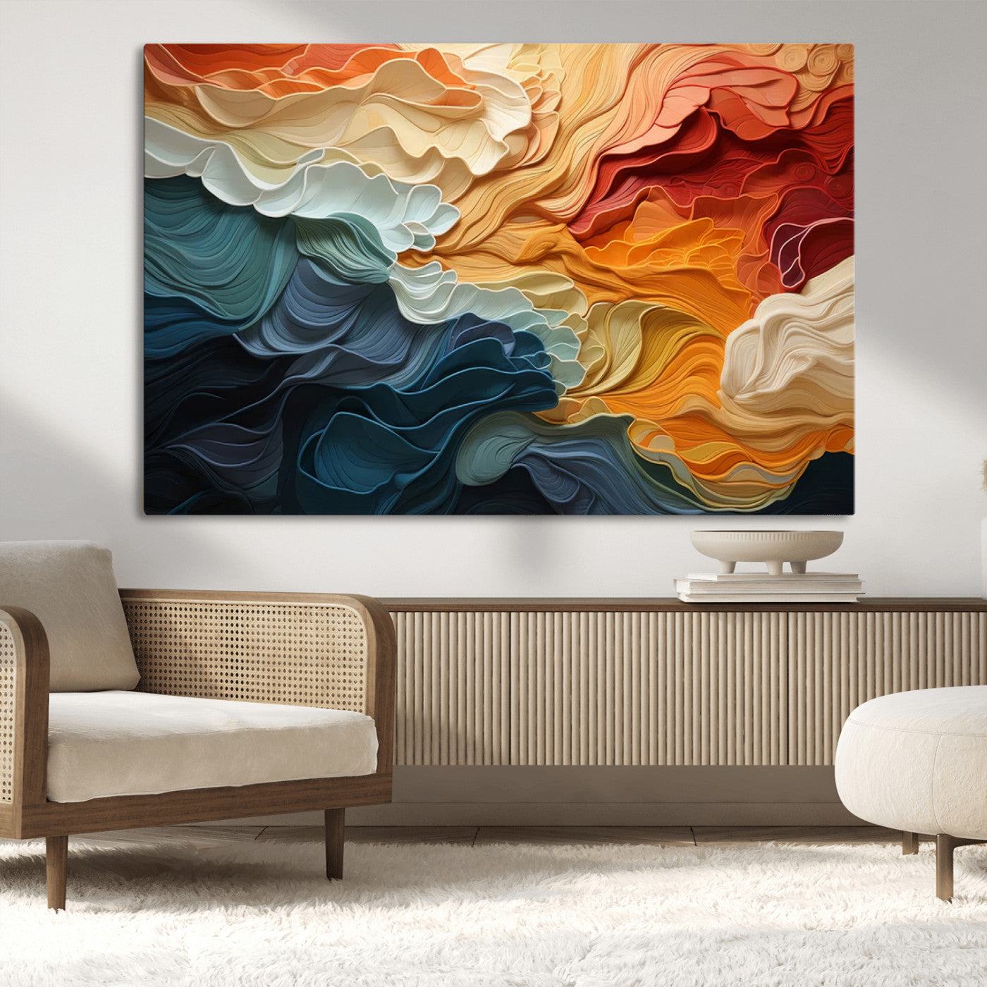 MGV-CV-36X24 - Blue Orange Abstract Wave Wall Art Canvas Print, Framed Blue Orange Wave Wall Art