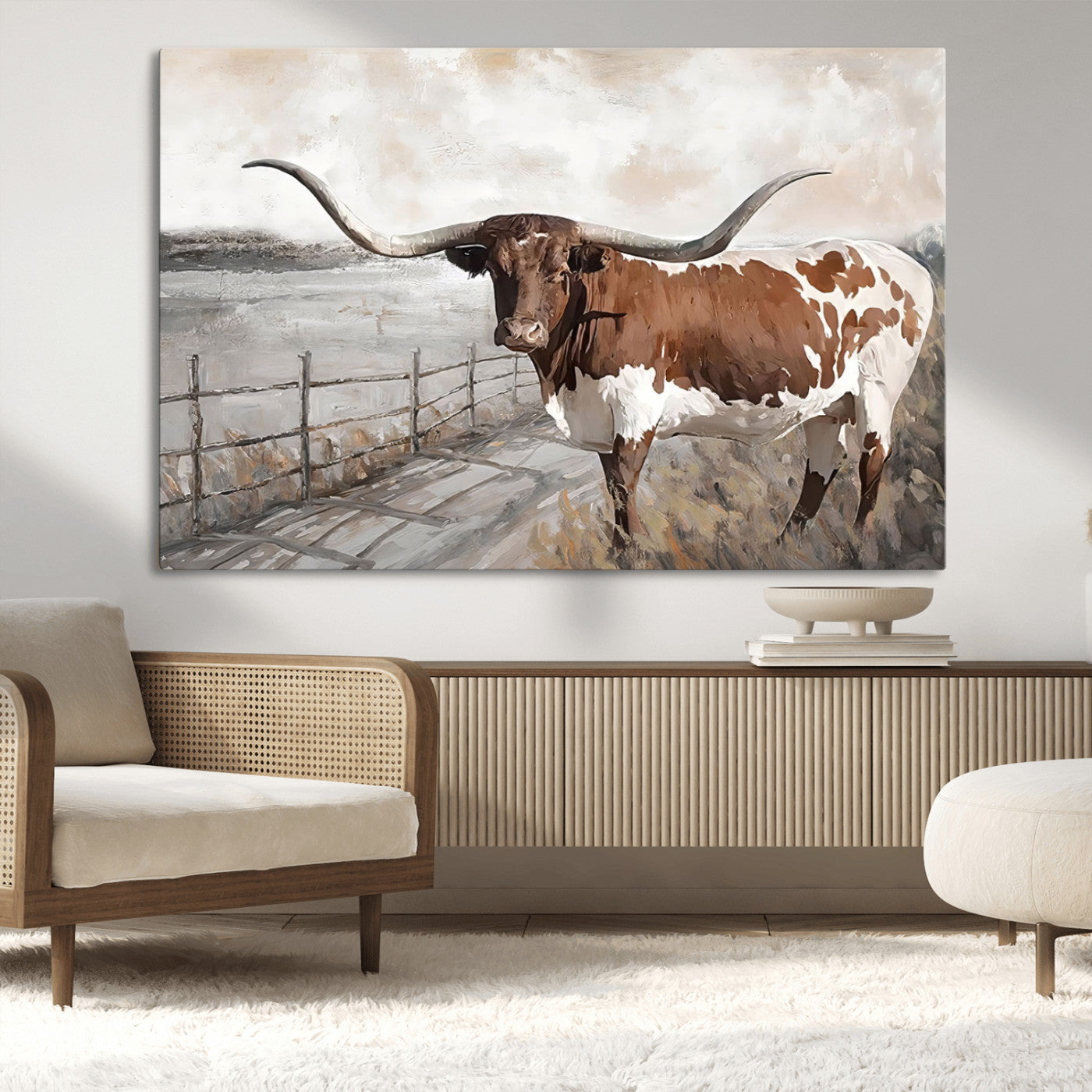 57340-MGV-CV-36X24-Vintage Texas Cow Wall Art Canvas Print, Rustic Longhorn Wall Art | Canvas Print for Farmhouse Decor