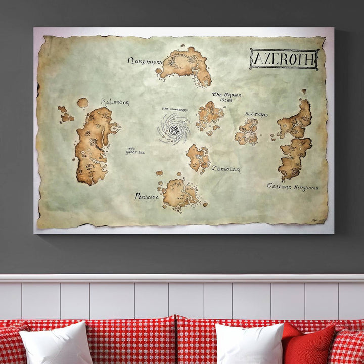 The Azeroth World Map Wall Art Canvas Print, a three-panel vintage piece, brings a cozy fantasy gaming atmosphere to the room.