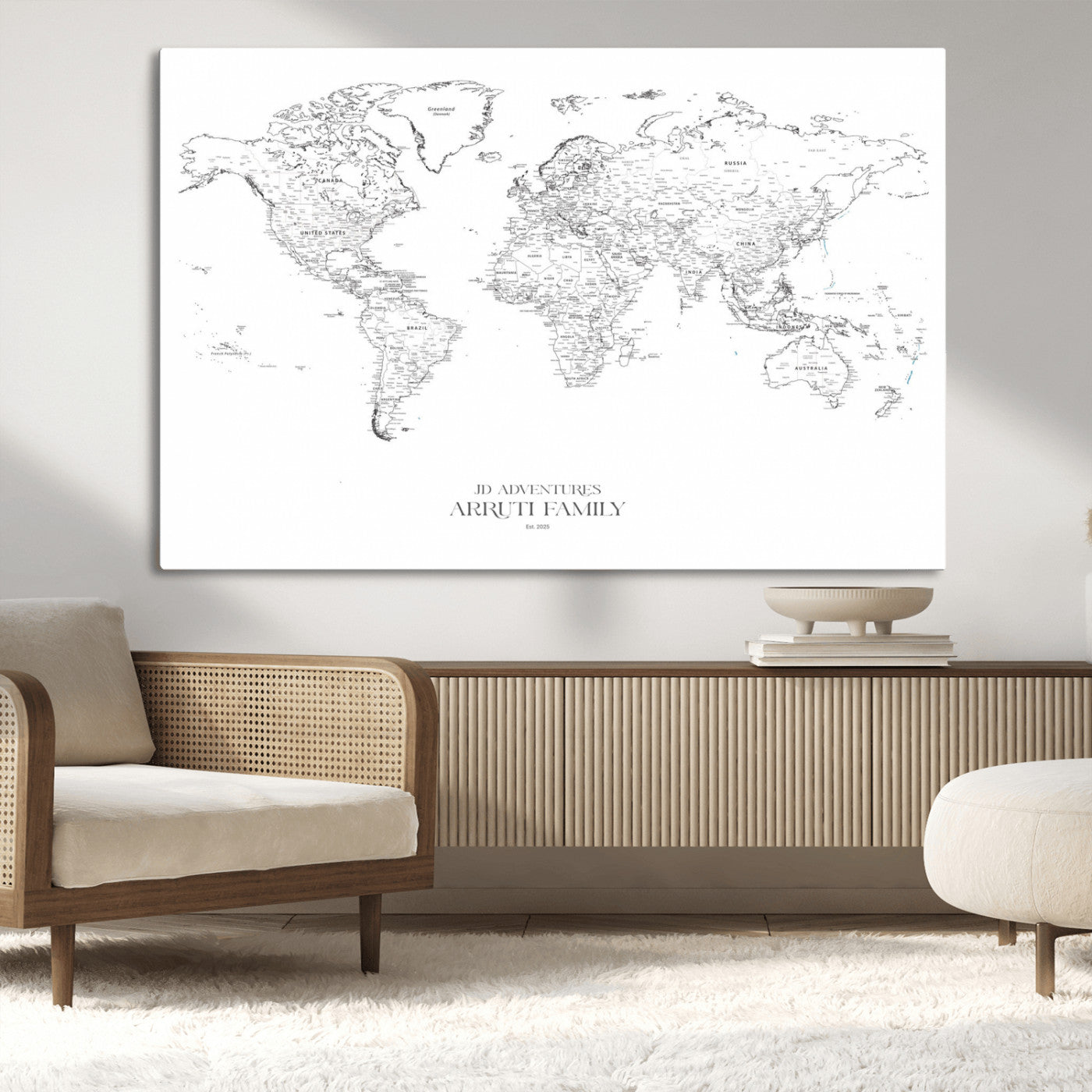 MGV-CV-36X24 - Custom World Map Wall Art – Personalized Framed Canvas Print with Push Pins for Travel Tracking,