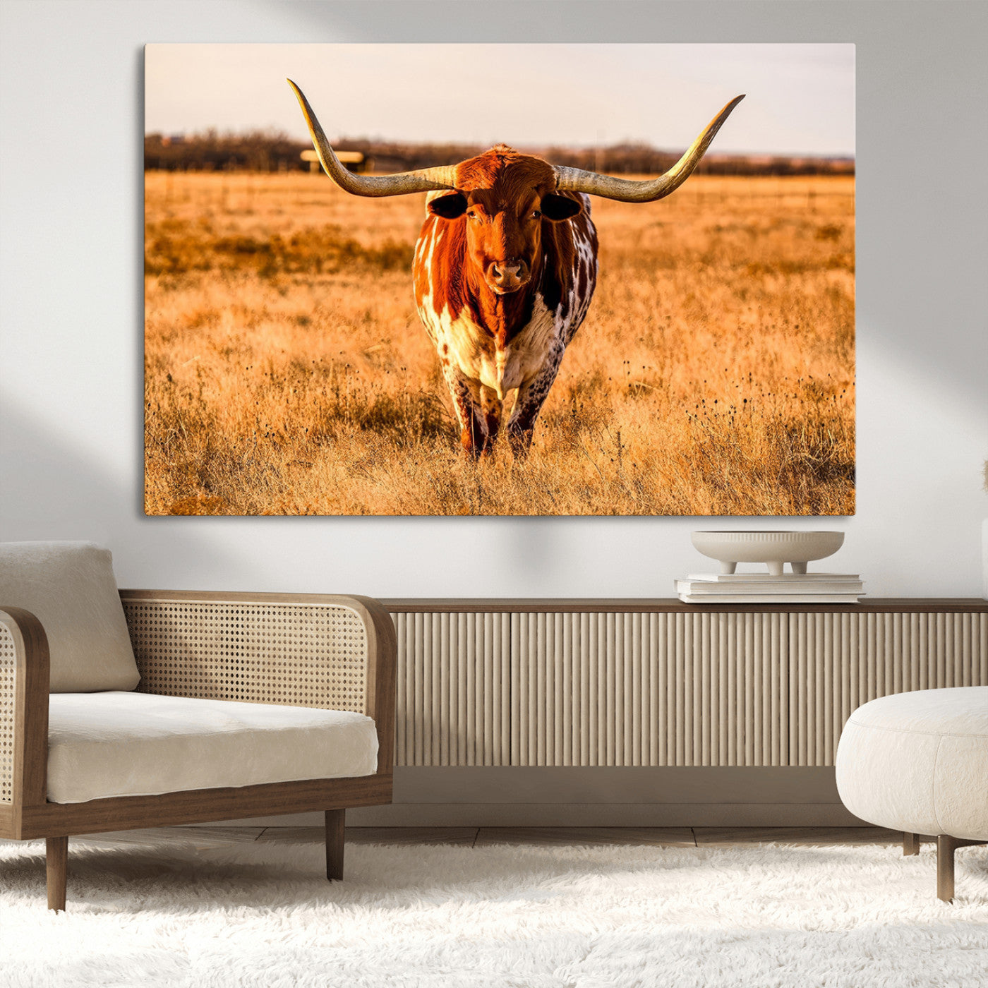 MGV-CV-36X24 - Longhorn Cow Wall Art | Ready to Hang Framed Canvas Print for Farmhouse and Barn Decor