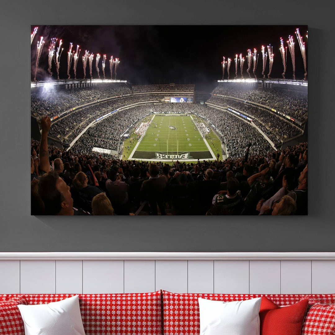 The living room features a spectacular Philadelphia Eagles Football Team Print. This wall art canvas print of Lincoln Financial Field at night captures a Philadelphia Eagles game under the dazzling brilliance of fireworks, making it an eye-catching centerpiece.