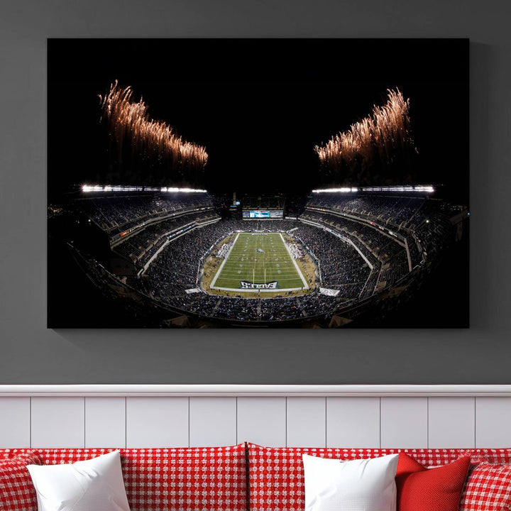 A stunning triptych wall art featuring the Philadelphia Eagles Football Team Print, capturing Lincoln Financial Field with spectacular fireworks.