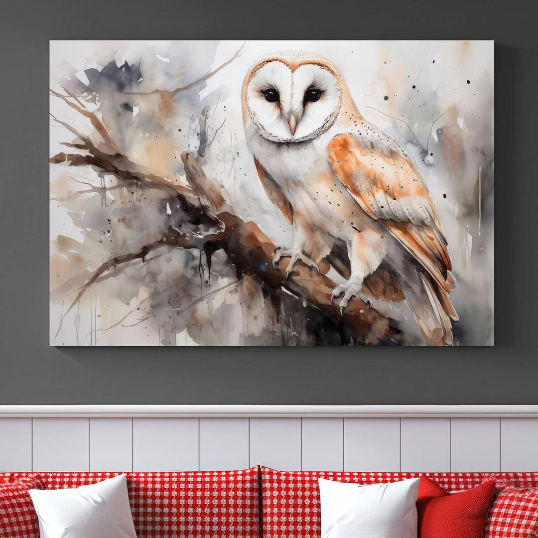 The Barn Owl Wall Art watercolor canvas adds a rustic twist to farmhouse decor.