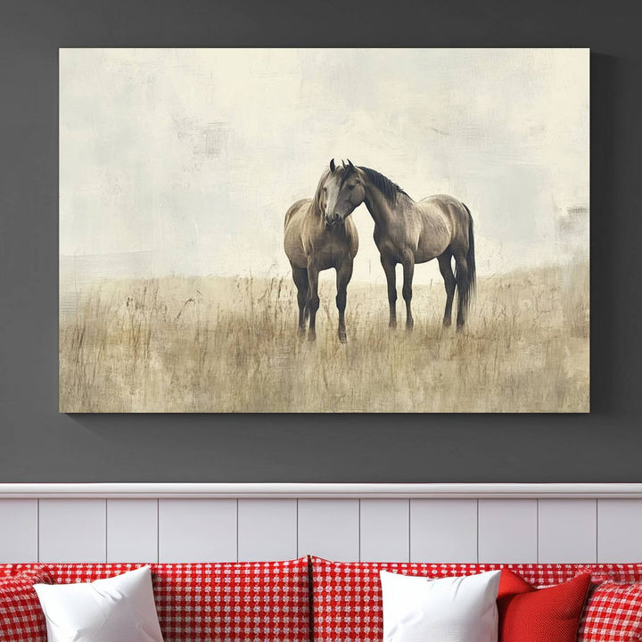 The Chinese Style Grunge Horses Wall Art Canvas Print, featuring a three-panel design of two horses in a misty field, is crafted on museum-quality canvas using high-resolution printing and hangs elegantly.