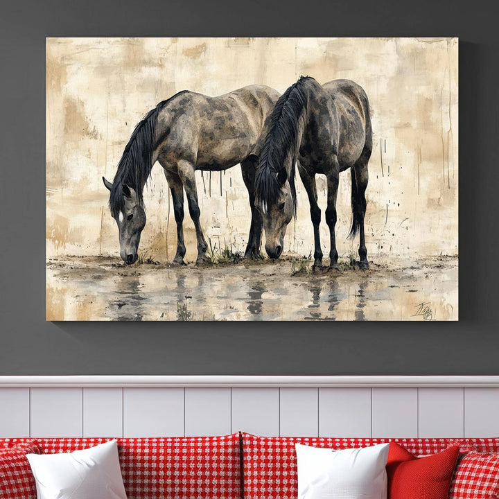 Abstract Black Horses wall art canvas print displayed in a modern room.