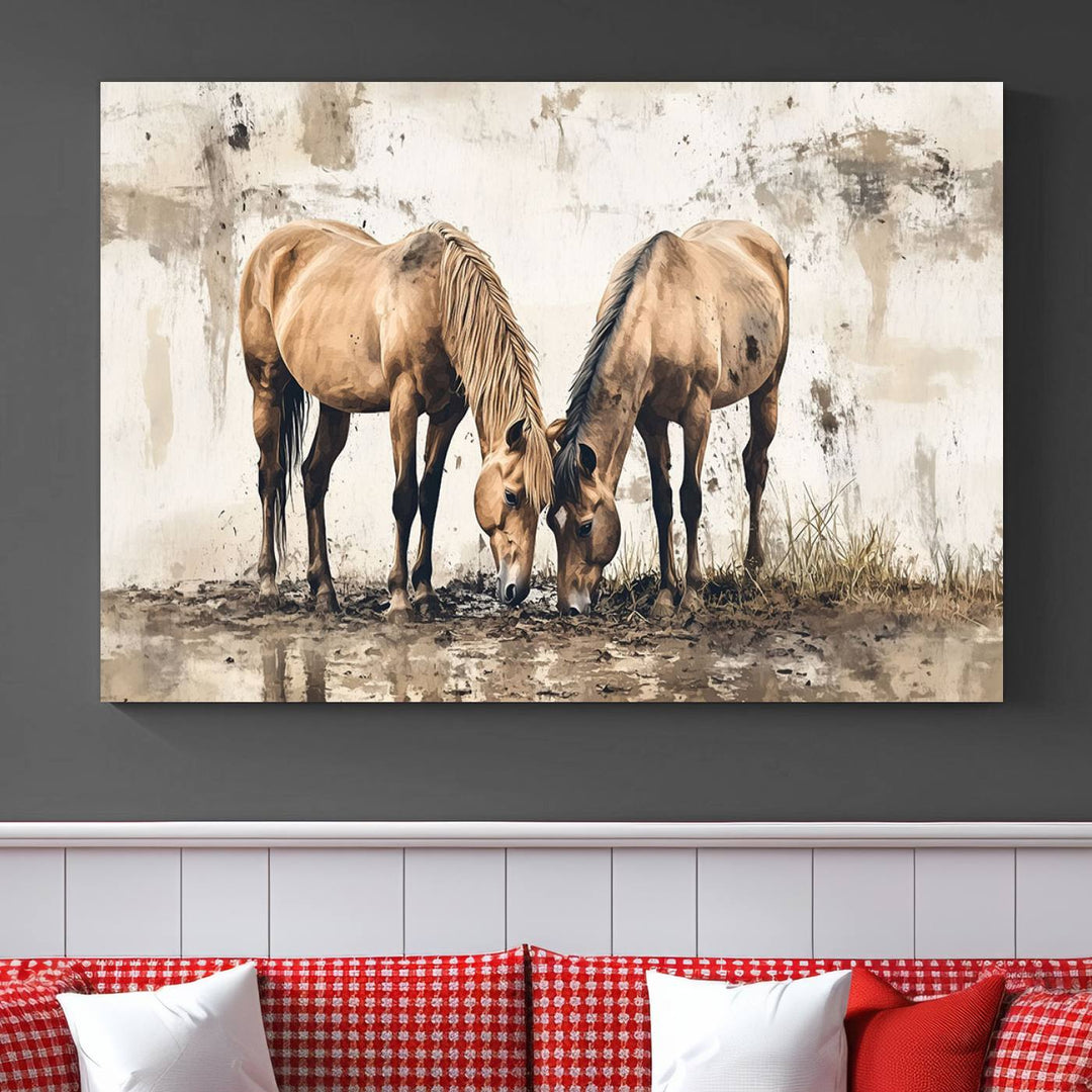 The Vintage Horses Wall Art, a ready-to-hang and framed triptych, beautifully captures two horses gracefully grazing. It perfectly complements the rustic charm of western farmhouse wall decor.