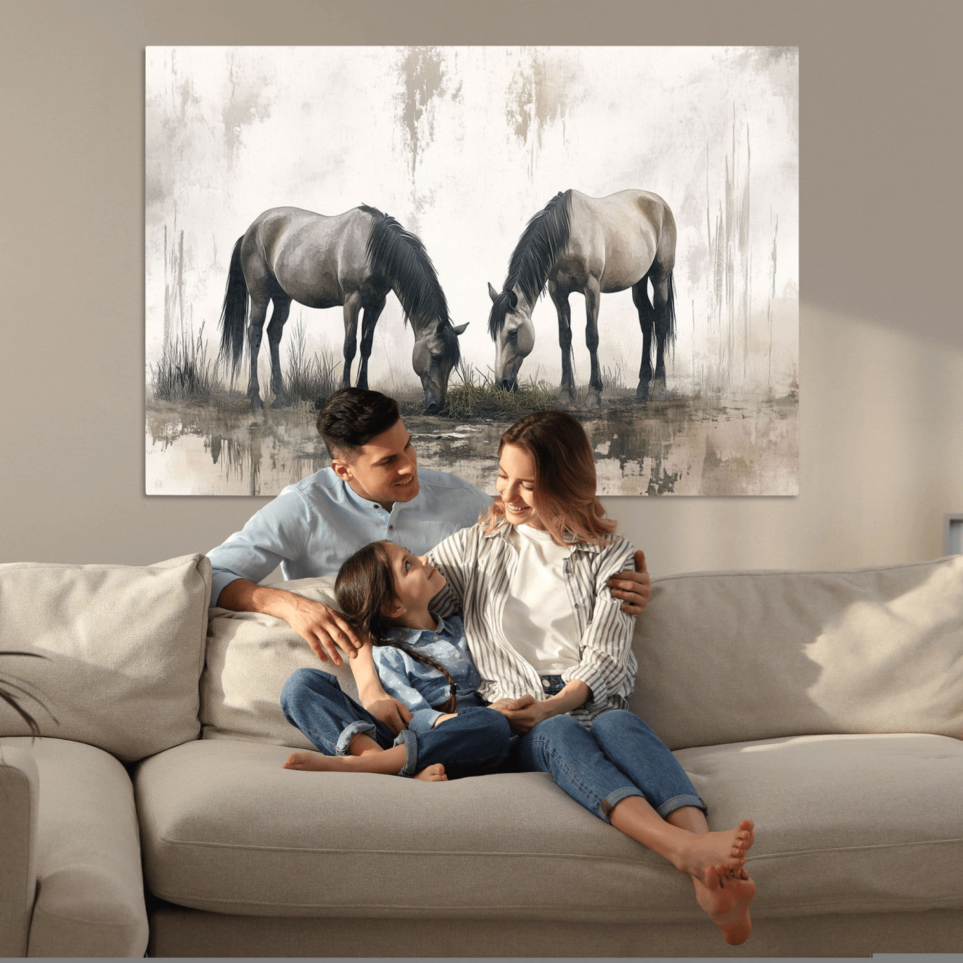 35494-MGV-CV-36X24-Chines Ink Style Vintage Horses Wall Art Canvas Print for Farmhouse Wall Decor