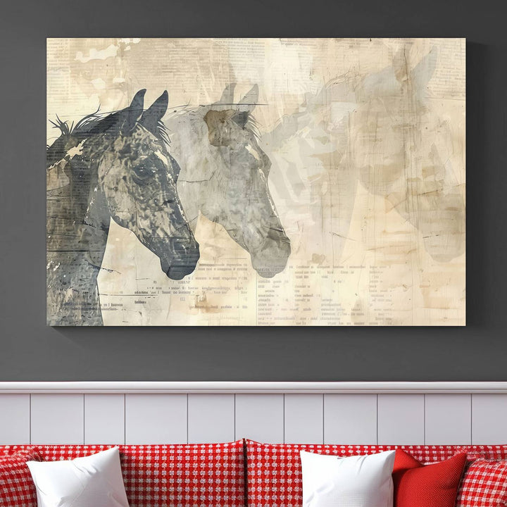 The Abstract Horse Canvas Print, part of the Modern Farmhouse Wall Art collection and ready to hang with its framed design, enhances the decor when displayed as a three-panel set on a dark wall.