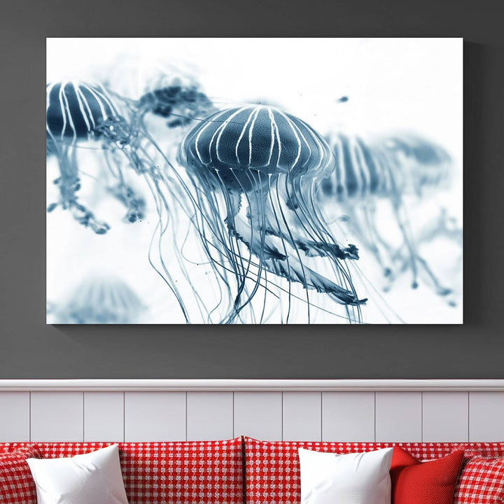 The Abstract Jellyfish Wall Art Canvas Print, a three-panel piece featuring high-resolution printing, hangs elegantly in the room, adding vibrant detail to the space.