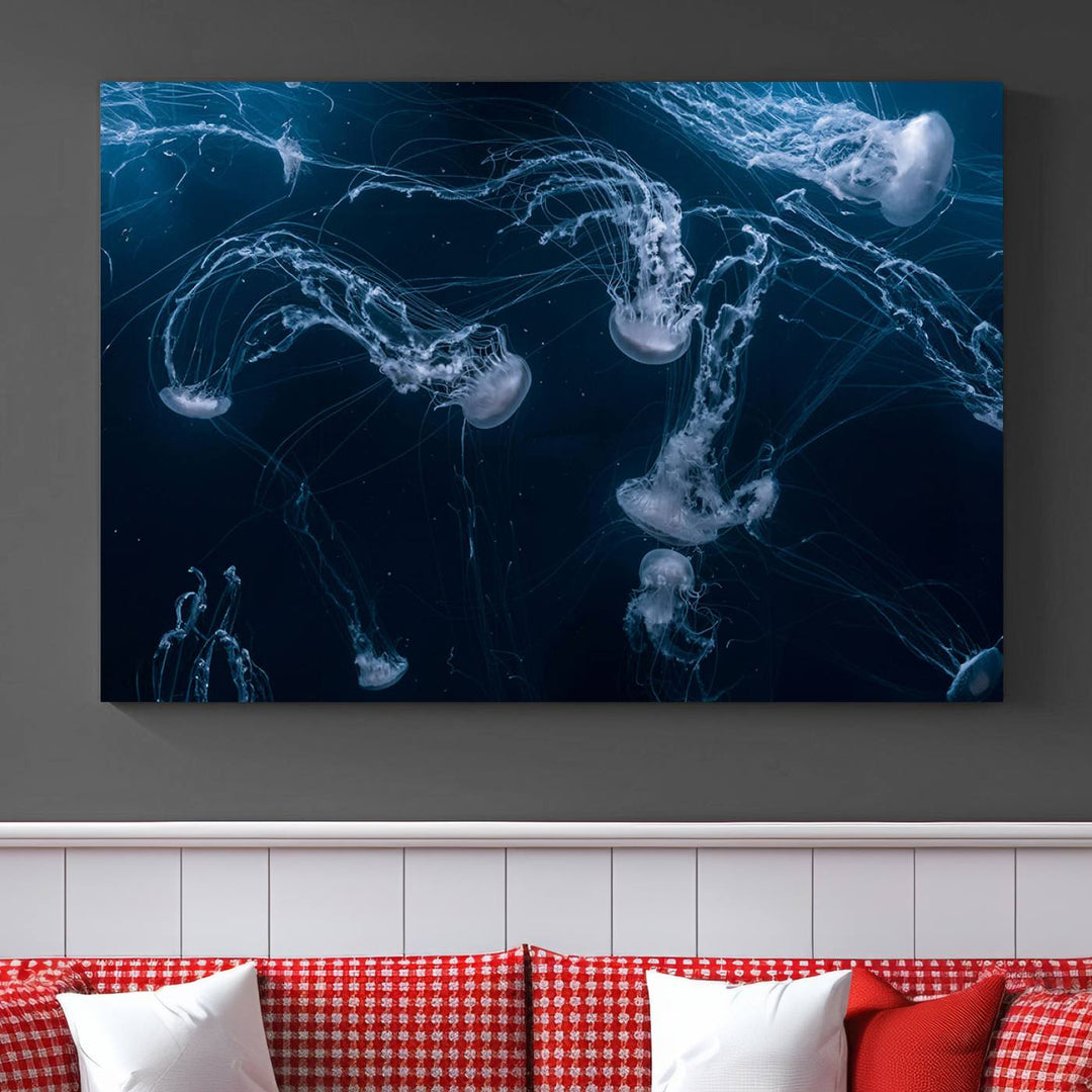 Room with modern decor, featuring the Abstract Jellyfish in Ocean Wall Art Canvas Print on museum-quality canvas.