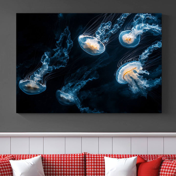 The "Jellyfish Wall Art Canvas Print," featuring a sea-themed design of glowing jellyfish, is displayed in high-resolution on museum-quality canvas.