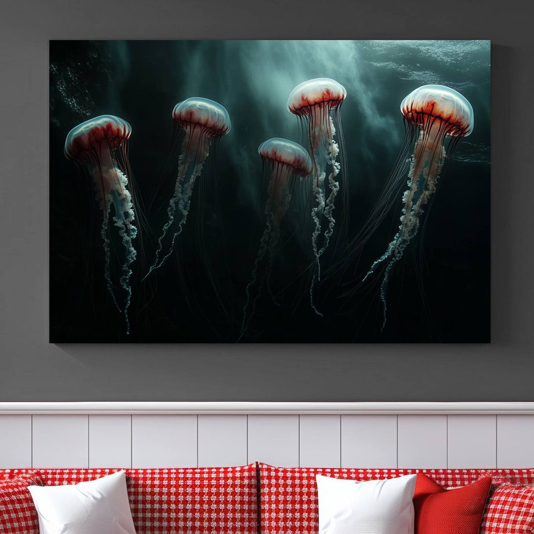 The Abstract Jellyfish Wall Art Canvas Print, framed in the USA and showcased on museum-quality canvas with high-resolution printing, adds a decorative touch to the space.