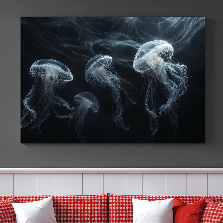 The Jellyfish Wall Art Canvas Print features glowing jellyfish in vibrant colors on museum-quality canvas.