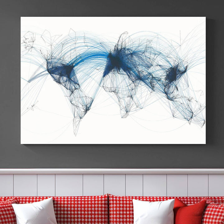 The Aviation Flight Map Wall Art is a set of three abstract panels featuring a world map with blue lines, resembling a flight map. Ideal for aviation enthusiasts, this ready-to-hang framed air traffic art print enhances the appeal of modern decor.