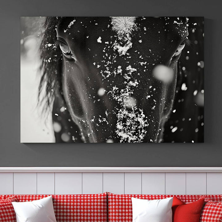 The Winter Horse Snow Wall Art Canvas Print, a black and white triptych showcasing a snow-covered horse's face, infuses the space with rustic cabin decor.