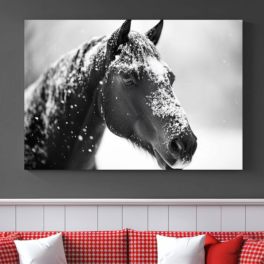 A set of Winter Horse Snow Wall Art Canvas Prints hangs, creating the perfect touch of Rustic Cabin Decor.