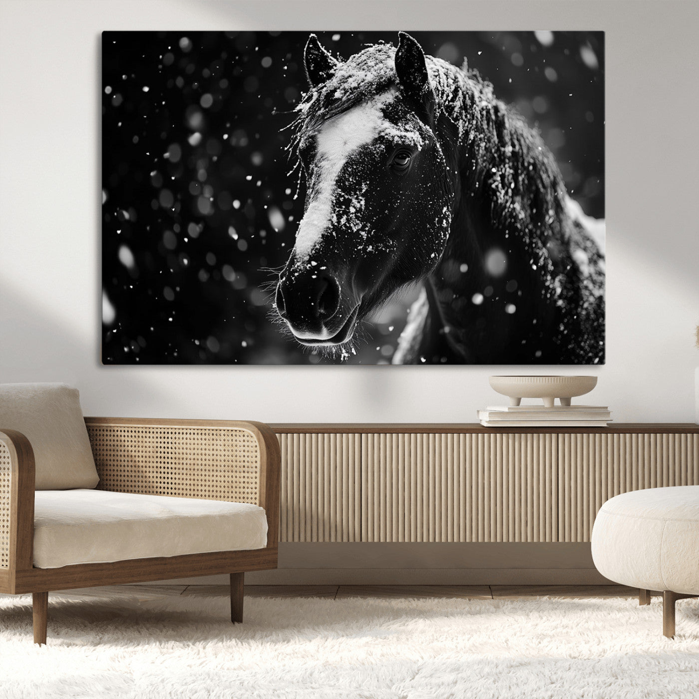 MGV-CV-36X24 - Winter Horse Wall Art | Black and White Horse Print | Ready to Hang and Framed | Farmhouse Wall Art