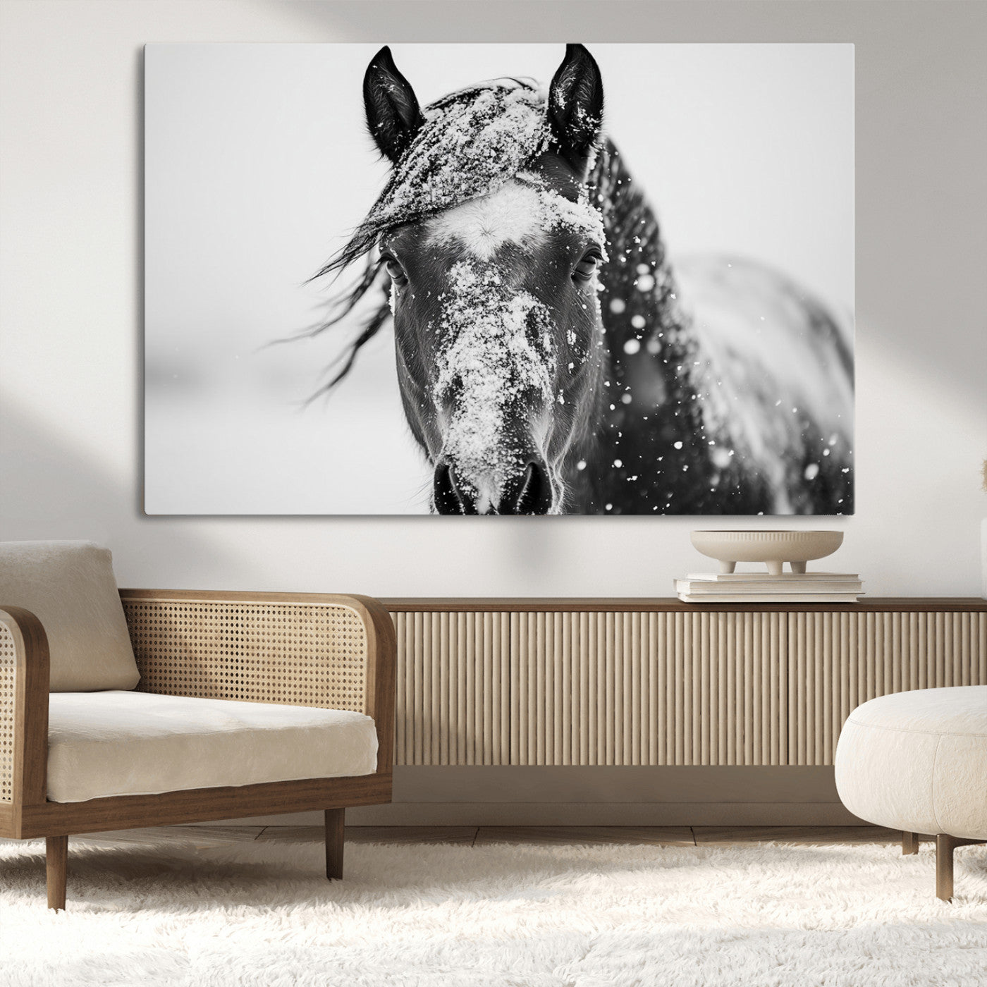 MGV-CV-36X24 - Western Wall Art | Black and White Winter Horse Wall Art | Ready to Hang and Framed | Farmhouse and