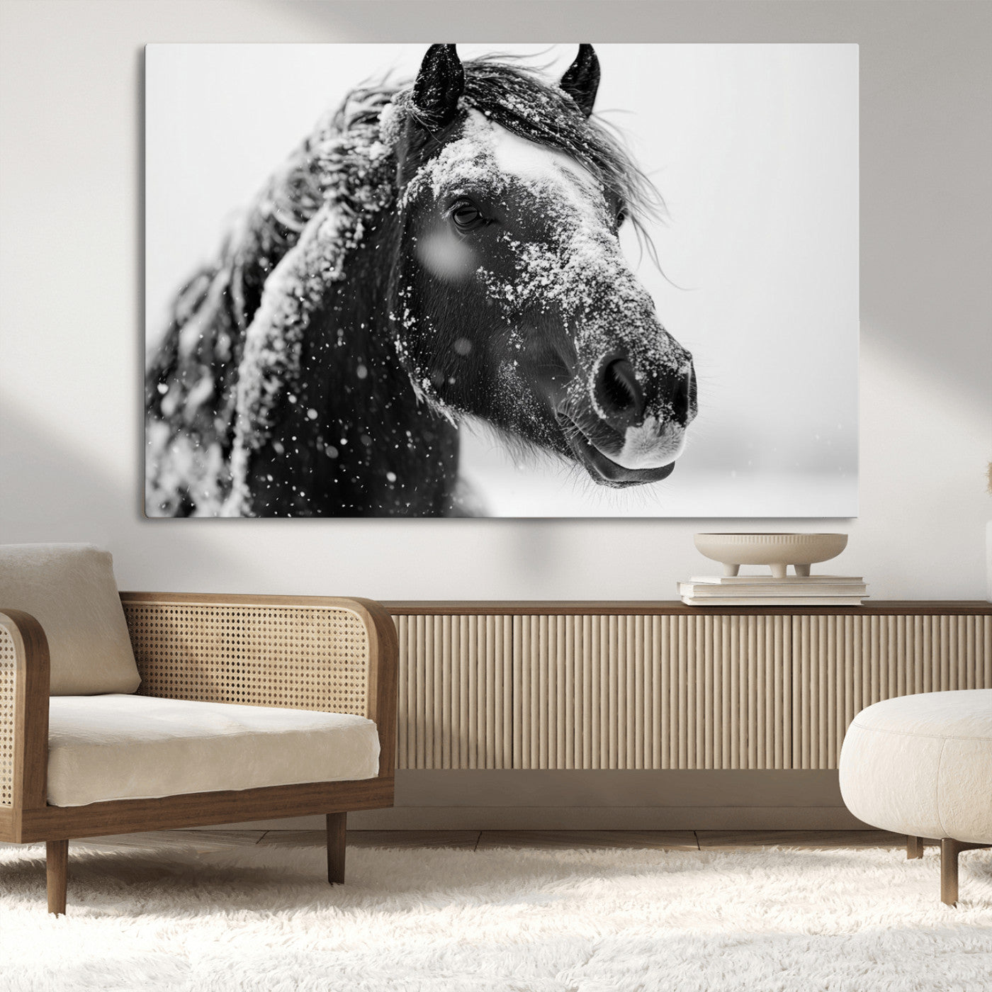 MGV-CV-36X24 - Winter Horse Canvas Print | Large 3-Panel Black White Equine Photography for Rustic Farmhouse Wall