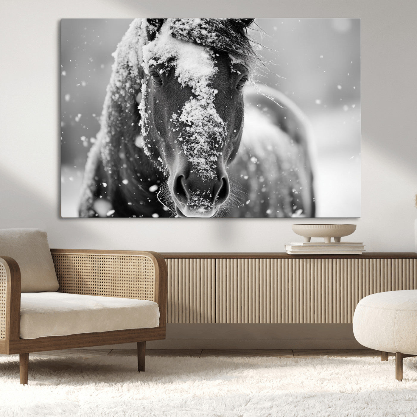 MGV-CV-36X24 - Black and White Horse Winter Wall Art | Ready to Hang and Framed | Farmhouse Wall Decor | Western