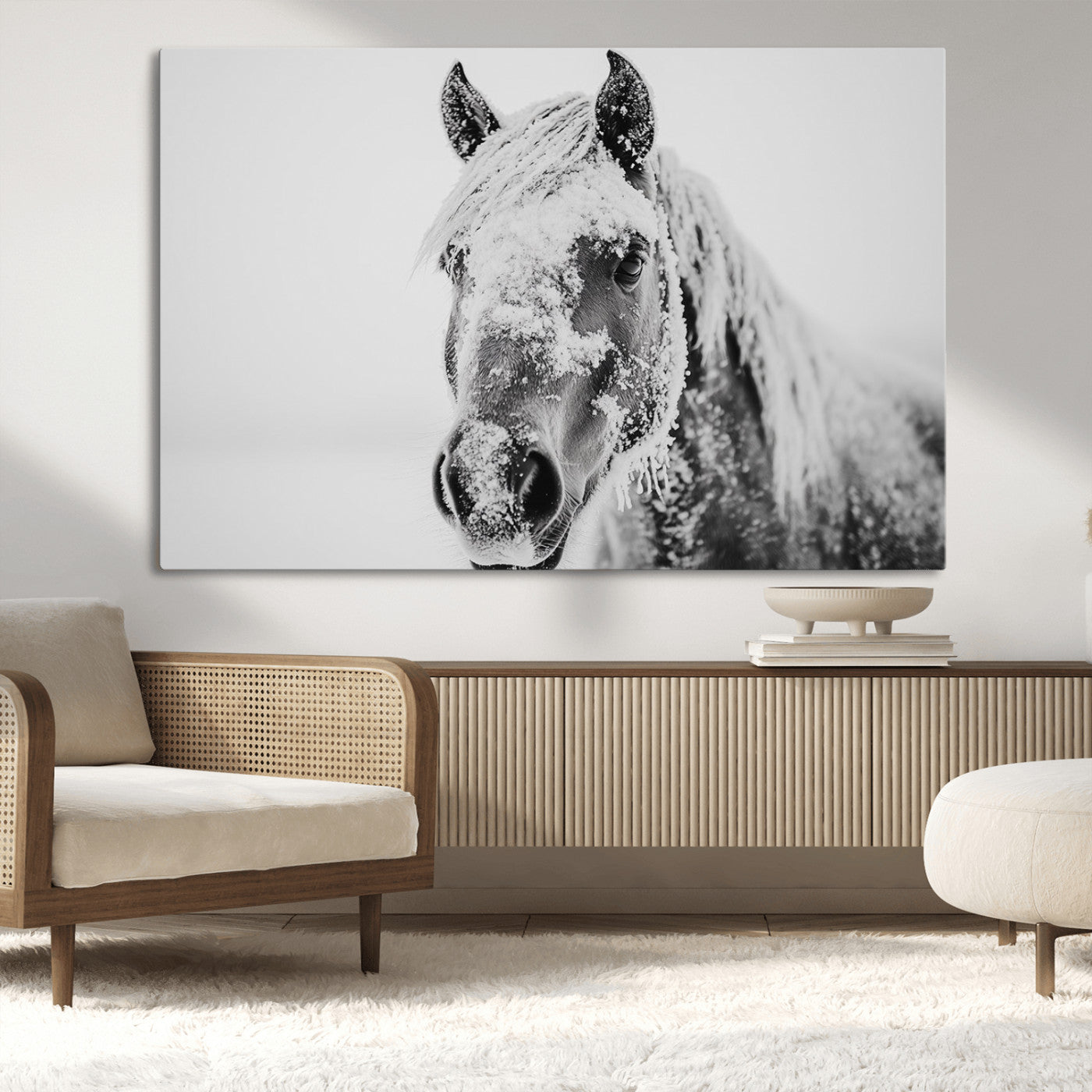 MGV-CV-36X24 - White Horse Wall Art | Ready to Hang and Framed | Winter Horse Wall Art Print for Farmhouse and
