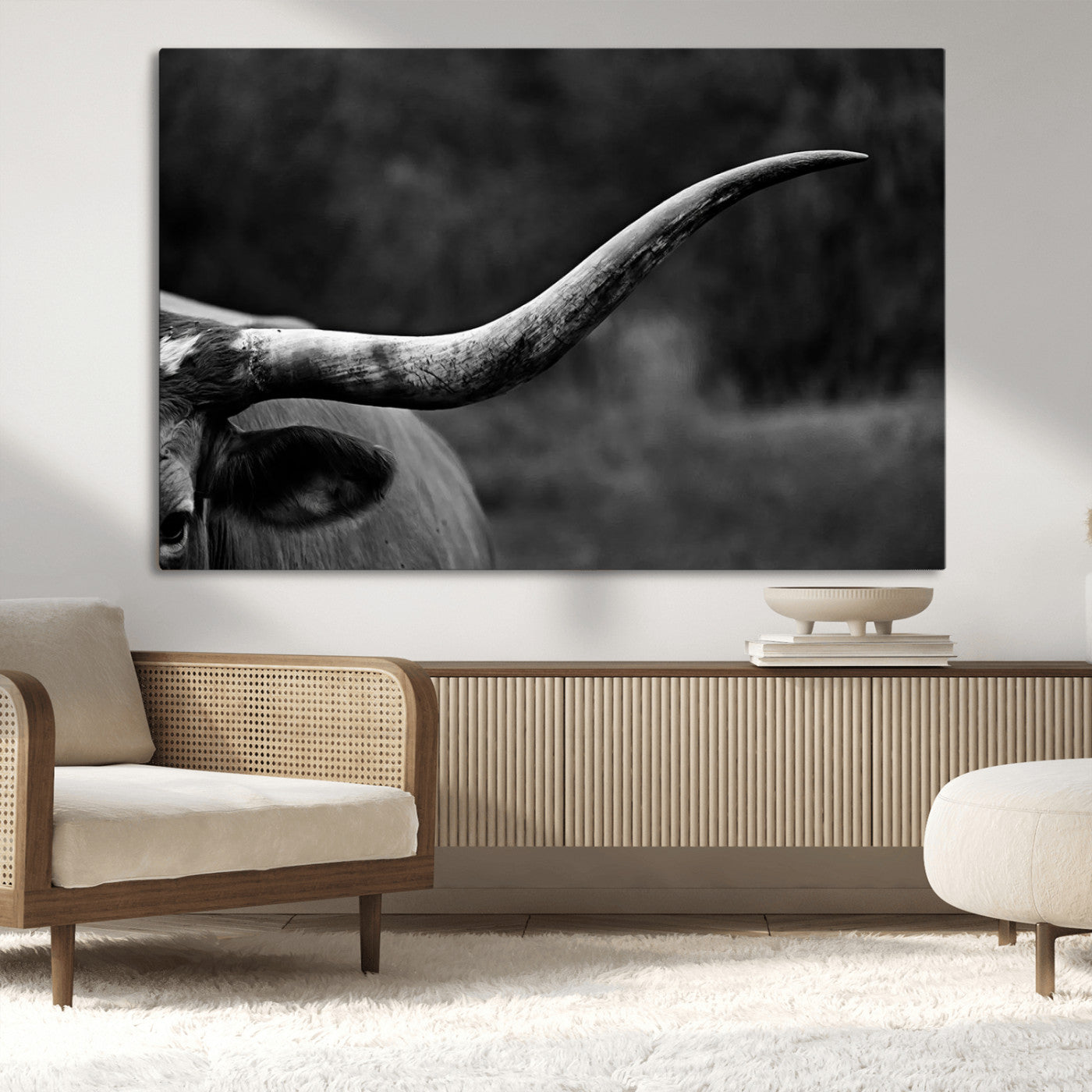MGV-CV-36X24 - Cow Longhorn Wall Art | Black and White Print | Ready to Hang and Framed | Farmhouse Wall Decor |