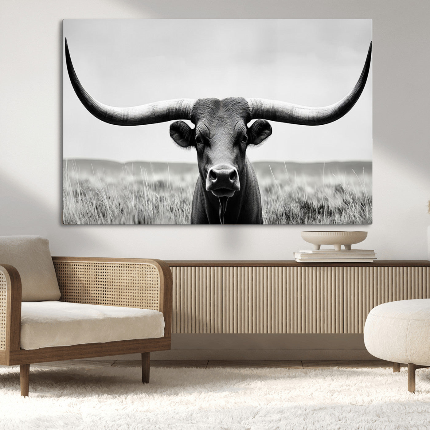 -Longhorn Bull Canvas Print | Rustic Farmhouse Wall Art | Western Decor | Ready to Hang and Framed