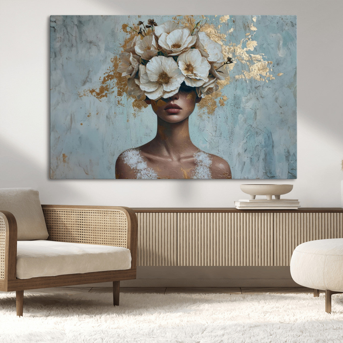 MGV-CV-36X24 - Golden Petal Wall Art - Petal Silhouette Woman Wall Art Canvas Print | Large 3-Panel Canvas with