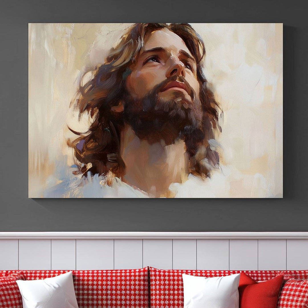 The "Jesus Christ Portrait Wall Art," a ready-to-hang and framed canvas print, features a bearded man with long hair looking upward, creating an inspirational spiritual atmosphere.