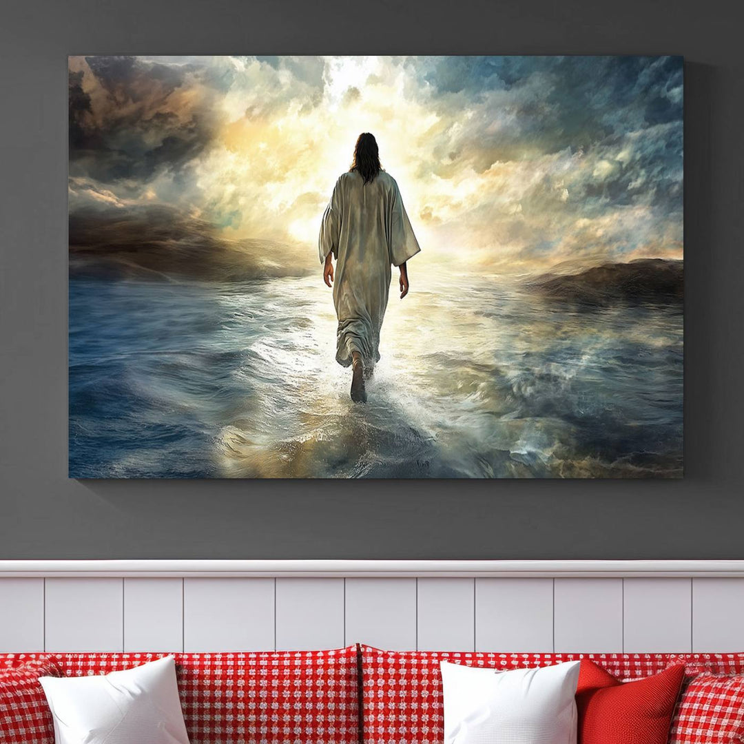 The Jesus Walking on Water Wall Art, a captivating triptych canvas print, showcases a person walking on water beneath dramatic clouds. This ready-to-hang piece seamlessly combines faith and style for your Christian home decor.