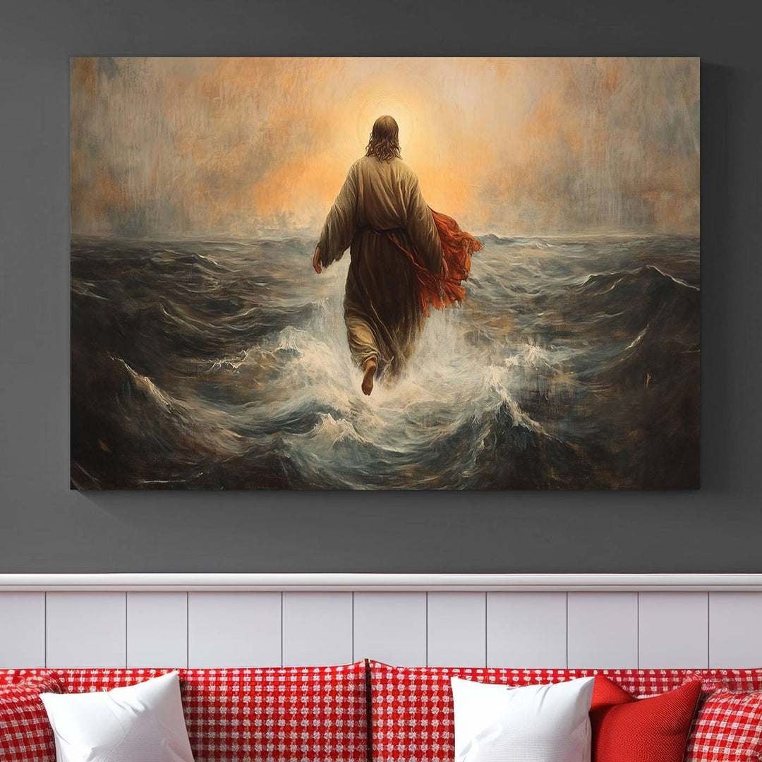 A modern living room is adorned with a triptych titled "Jesus Walking on Water, Christian Wall Art, Jesus Christ Walking on Oil Painting Style Print." The artwork, presented on museum-quality canvas, showcases vibrant colors and exquisite detail.