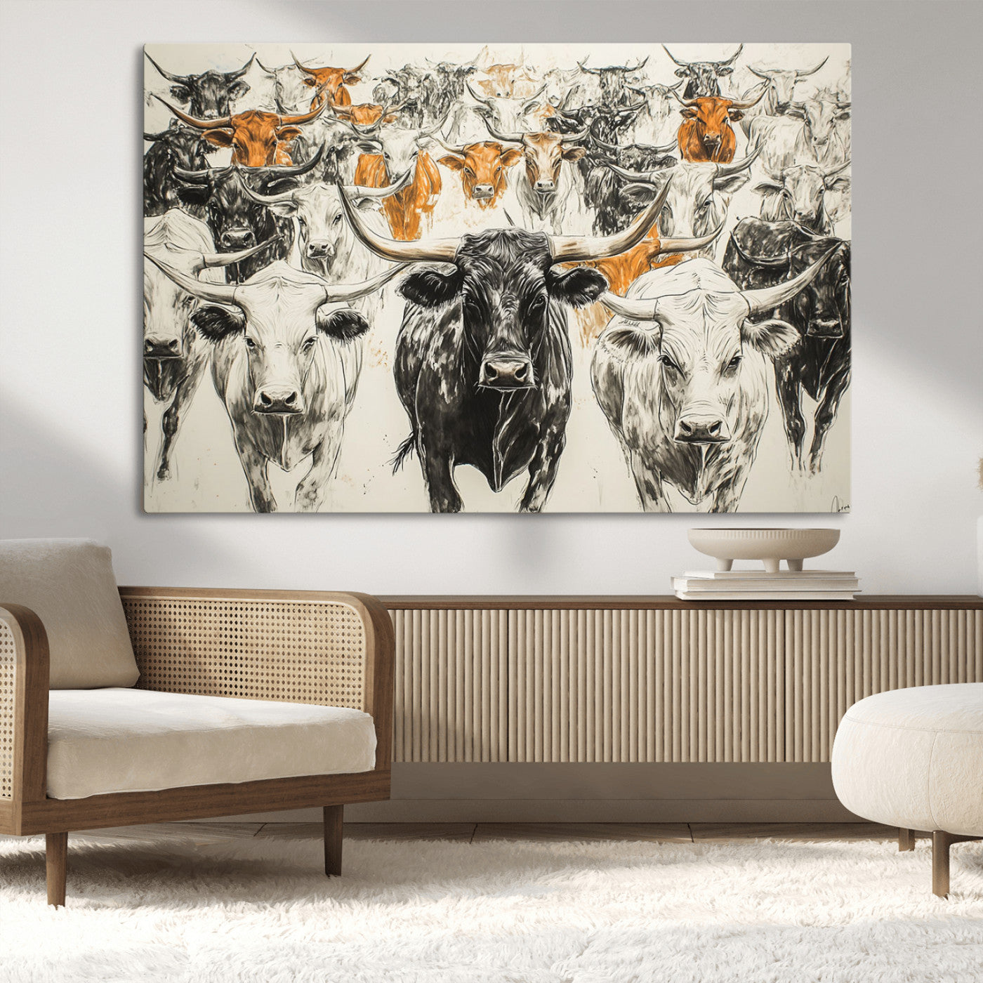 MGV-CV-36X24 - Texas Longhorn Wall Art - Herd Canvas Wall Art Print - Abstract Cow Drawing Wall Art Print for
