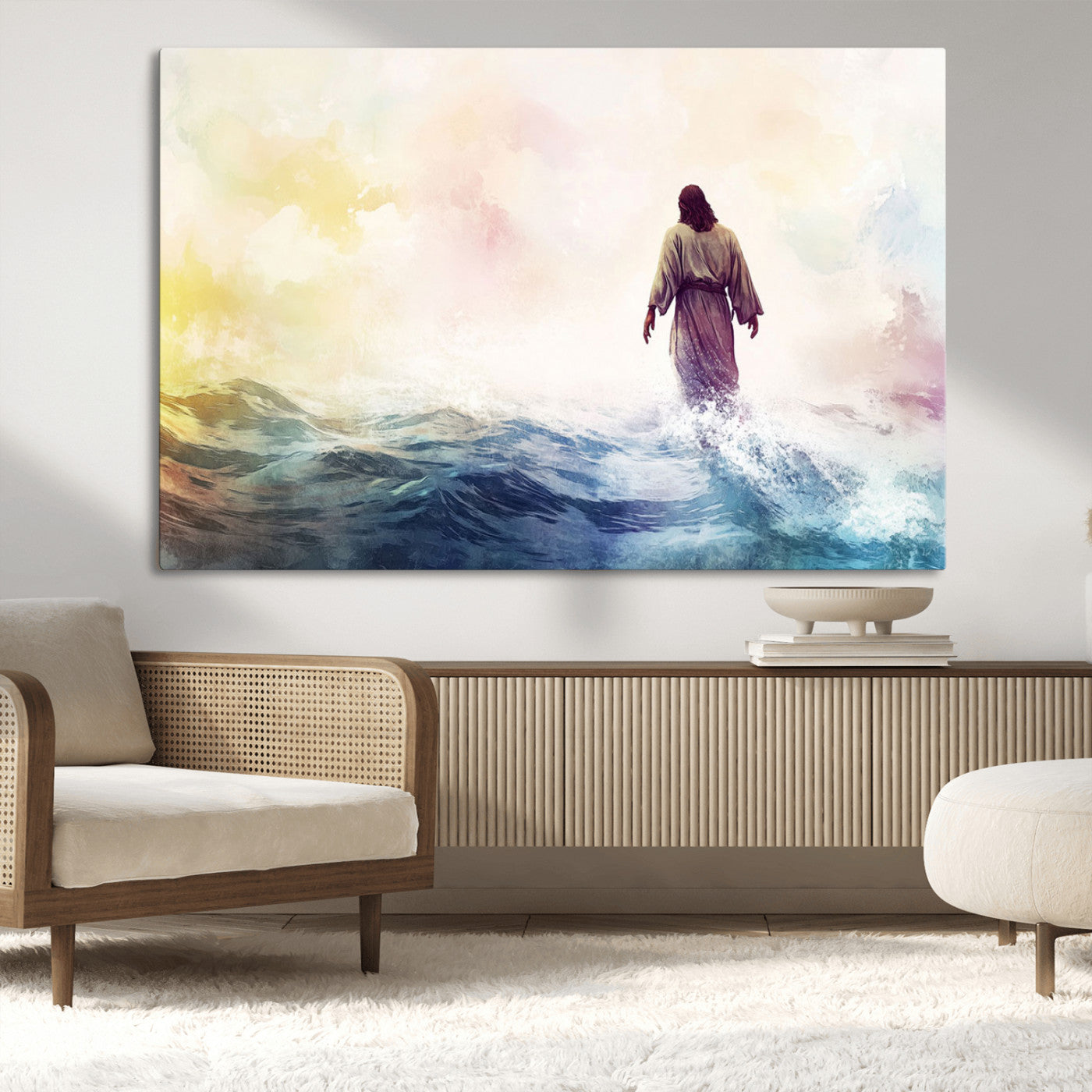 MGV-CV-36X24 - Watercolor Jesus Walking on Water Canvas Print, Christian Wall Art, Jesus Christ Walking