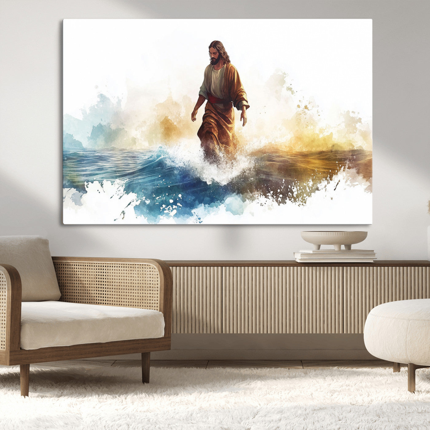 MGV-CV-36X24 - Watercolor Jesus Walking Wall Art Print, Jesus Water Canvas Print, Christian Wall Art, Jesus Christ