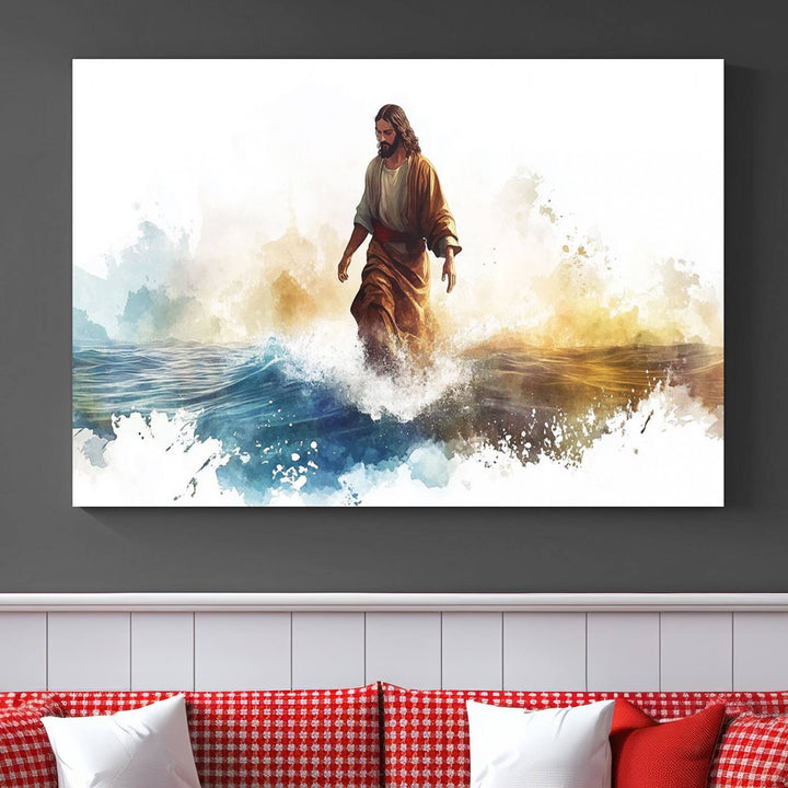 Watercolor Jesus Walking on Water Canvas Print, Christian Wall Art, Jesus Christ Walking