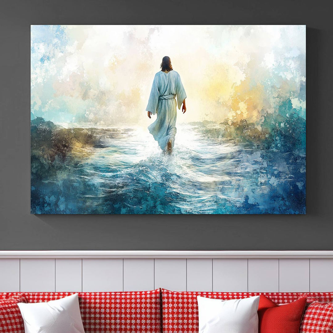 Watercolor Jesus Walking on Water Canvas Print, Christian Wall Art, Jesus Christ Walking