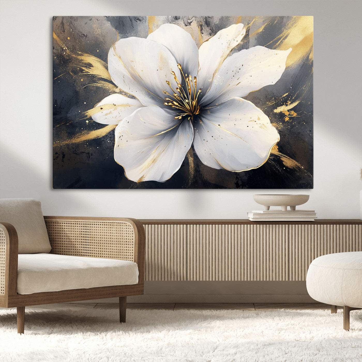 MGV-CV-36X24 - White Flower Wall Art Canvas Print | Ready to Hang | Abstract Floral Wall Decor | Elegant Bloom