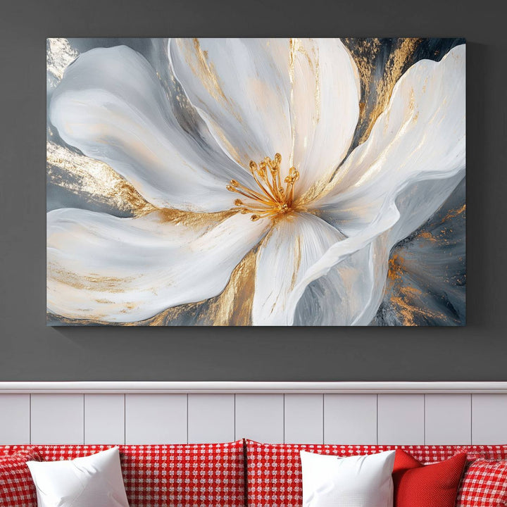 White and Gold Floral Canvas Wall Art - Framed and Ready to Hang - Perfect for Modern Living Rooms