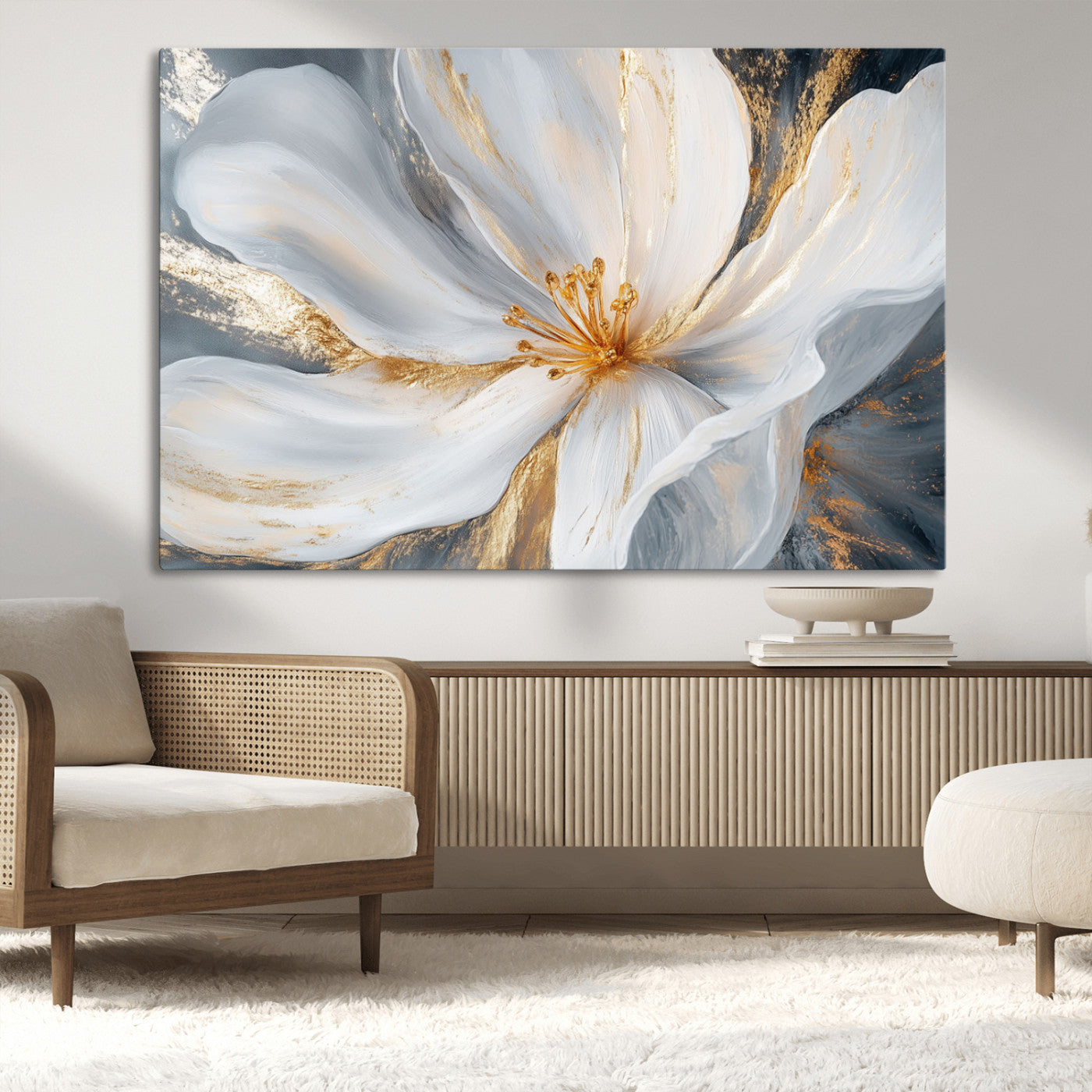 MGV-CV-36X24 - White and Gold Floral Canvas Wall Art - Framed and Ready to Hang - Perfect for Modern Living Rooms