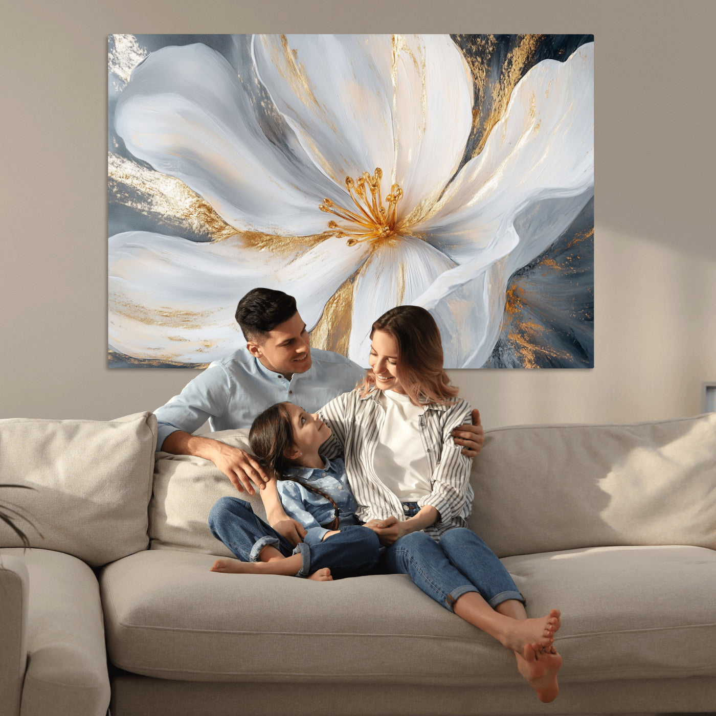 83149-MGV-CV-36X24-White and Gold Floral Canvas Wall Art - Framed and Ready to Hang - Perfect for Modern Living Rooms