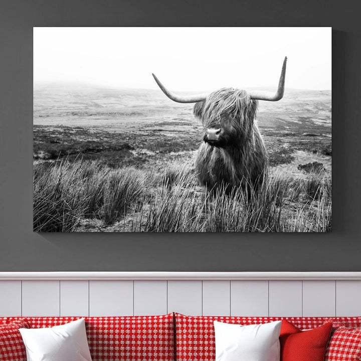 Scottish Highland Cow Wall Art | Black and White Canvas Print | Ready to Hang and Framed | Rustic Farmhouse Wall Decor for Living Room or Office