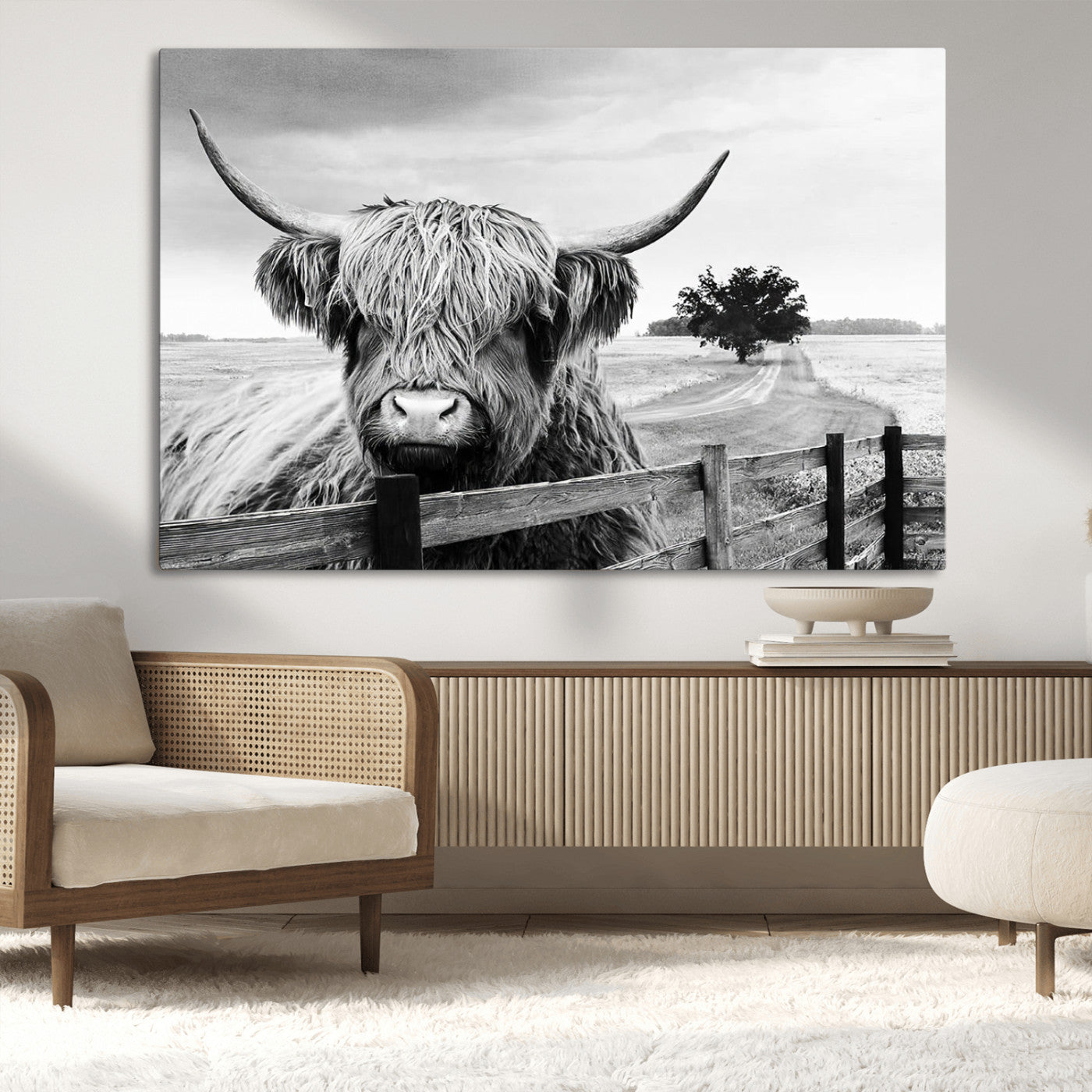 MGV-CV-36X24 - Scottish Highland Cow Wall Art | Rustic Farmhouse Décor | Black and White Ready to Hang Canvas Print