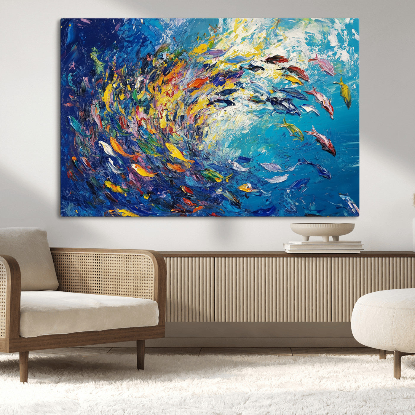 MGV-CV-36X24 - Colorful Swirling Fish School Wall Art Canvas Print | Oceanic Abstract Painting | Ready to Hang |