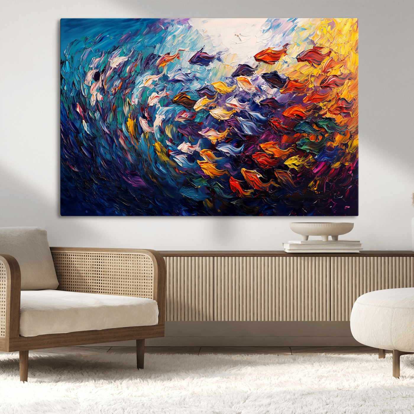 MGV-CV-36X24 - Vibrant Abstract Fish Swarm Art – Colorful Fish Inspired 3-Piece Canvas Wall Art for Living Room or