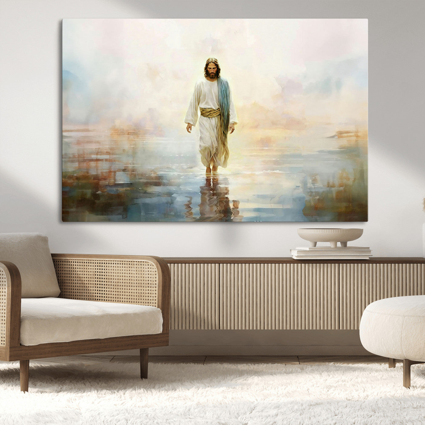 MGV-CV-36X24 - Framed Jesus Walking on Water Wall Art - 3-Panel Christian Canvas Prints, Religious Artwork for