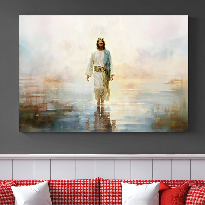 The 3-panel Framed Jesus Walking on Water Wall Art showcases a serene religious scene.