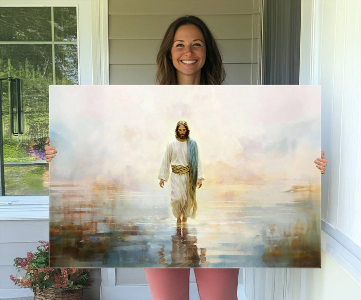 A 3-panel framed canvas depicting Jesus Walking on Water is part of a Christian collection that evokes spiritual serenity, making it perfect for home decor in the living room, office, or church.