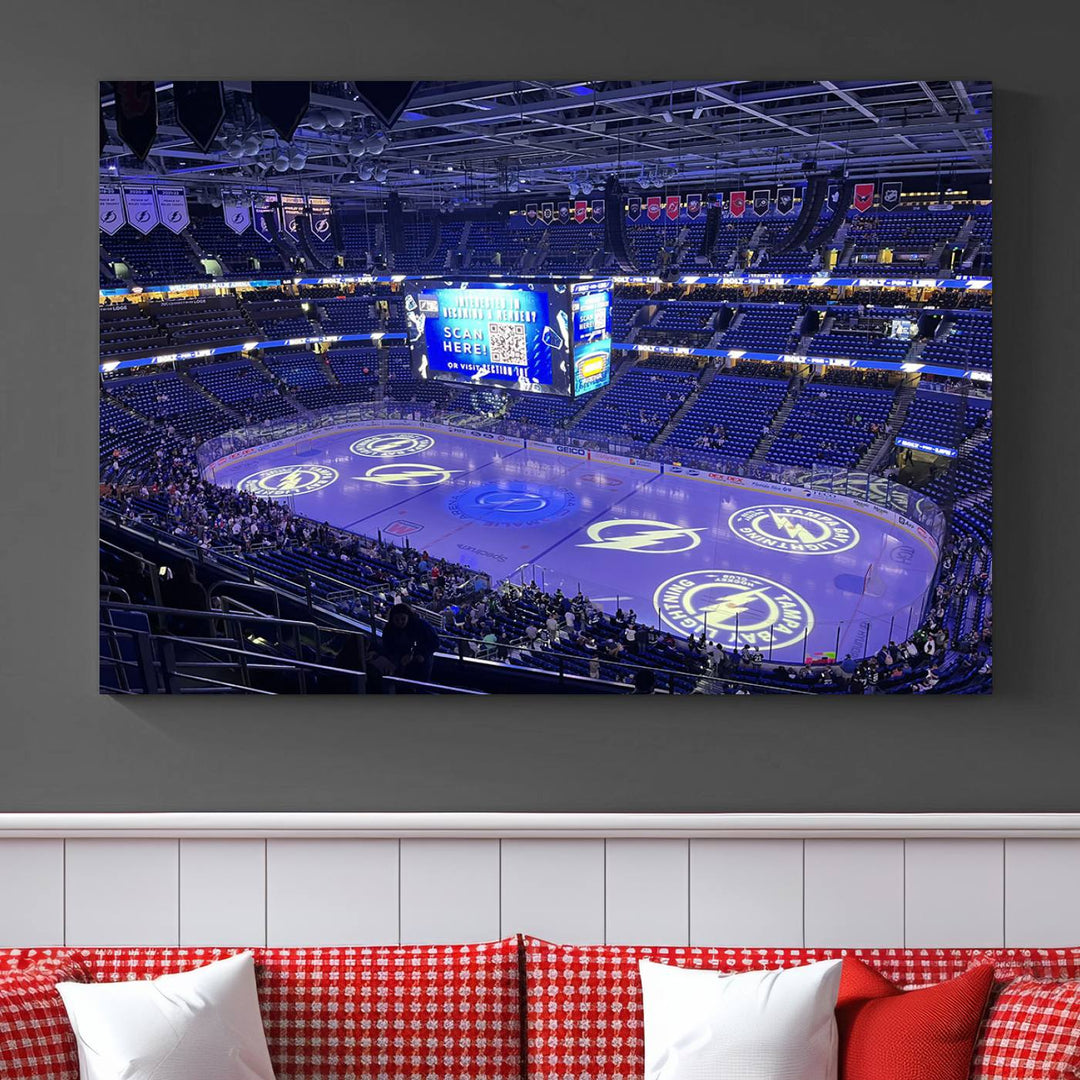 The wall art canvas print at Amalie Arena features team logos on ice, encapsulating the vibrant atmosphere of an NHL hockey stadium.